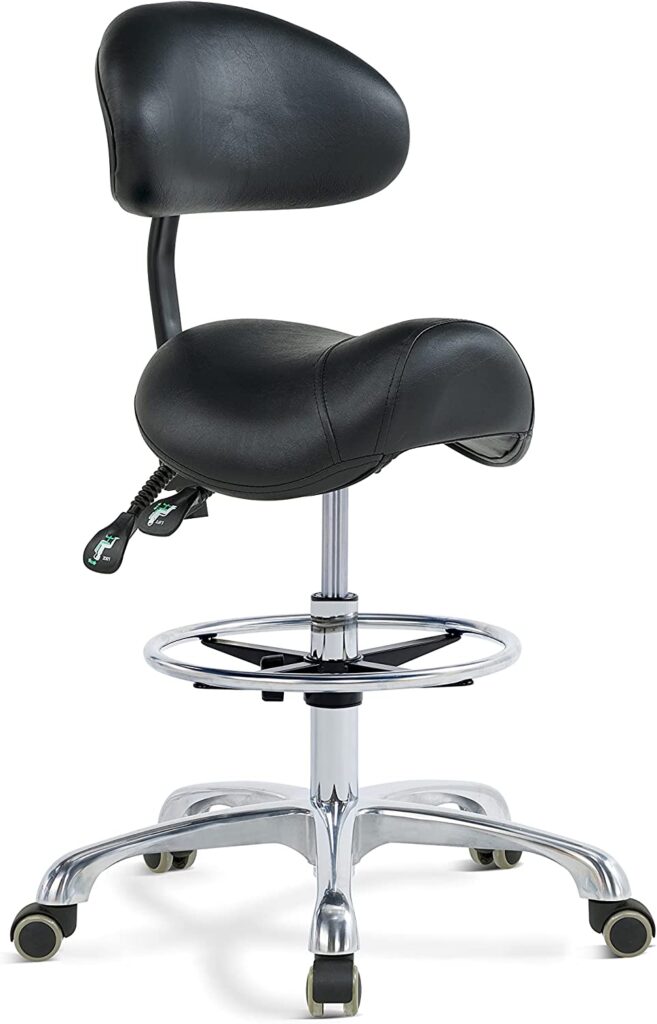 Grace&Grace Ergonomic Rolling Saddle Stool Chair with Back and Footrest Wheels Adjustable Swivel Stool with Back and Footrest Heavy Duty for Esthetician, Artist, Dental, Medical, Spa, Salon, Cutting, Home Office