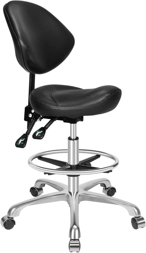 Kaleurrier Ergonomic Rolling Swivel Saddle Stool with Wheels, Hydaraulic Pneumatic Lifting Height Adjustable Chair for Clinic Hair Salon Massage Lab Home Office Black with adjustable Back & Footrest