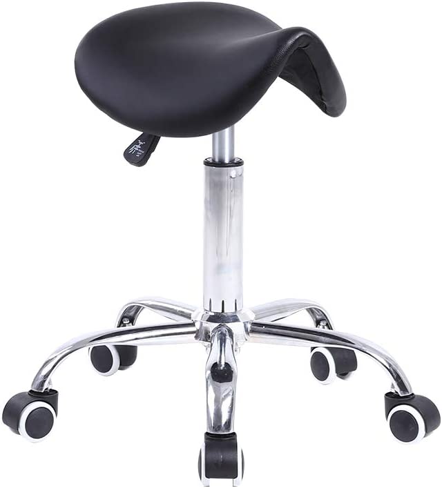 KKTONER Rolling Saddle Stool PU Leather Swivel Adjustable Rolling Stool with Wheels Salon Chair Black