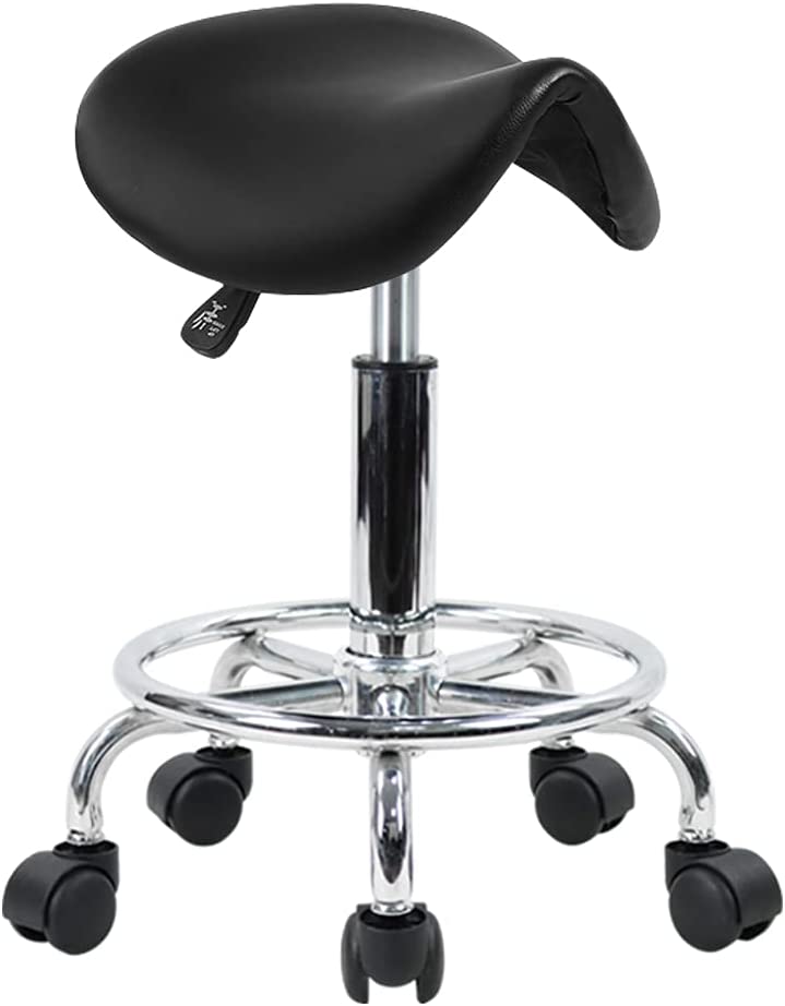 KKTONER Saddle Chairs with Foot Rest Black PU Leather Swivel Adjustable Rolling Stool with Wheels Salon Chair