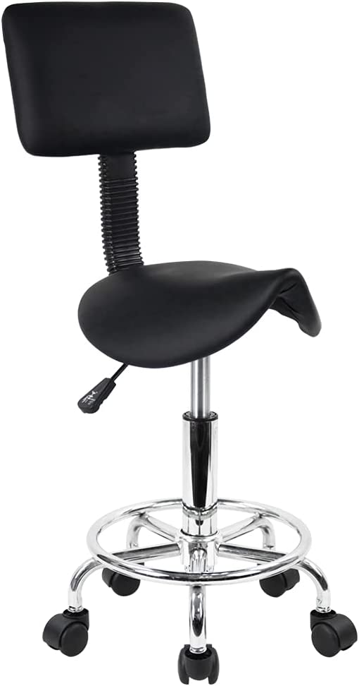 KKTONER Saddle Rolling Stool with Foot Rest and Back Support non tiltable PU Leather Swivel Adjustable