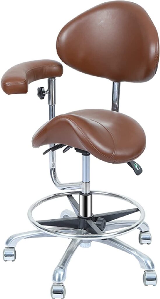 Saddle chair with armrest, backrest and footrest brown height adjustable 